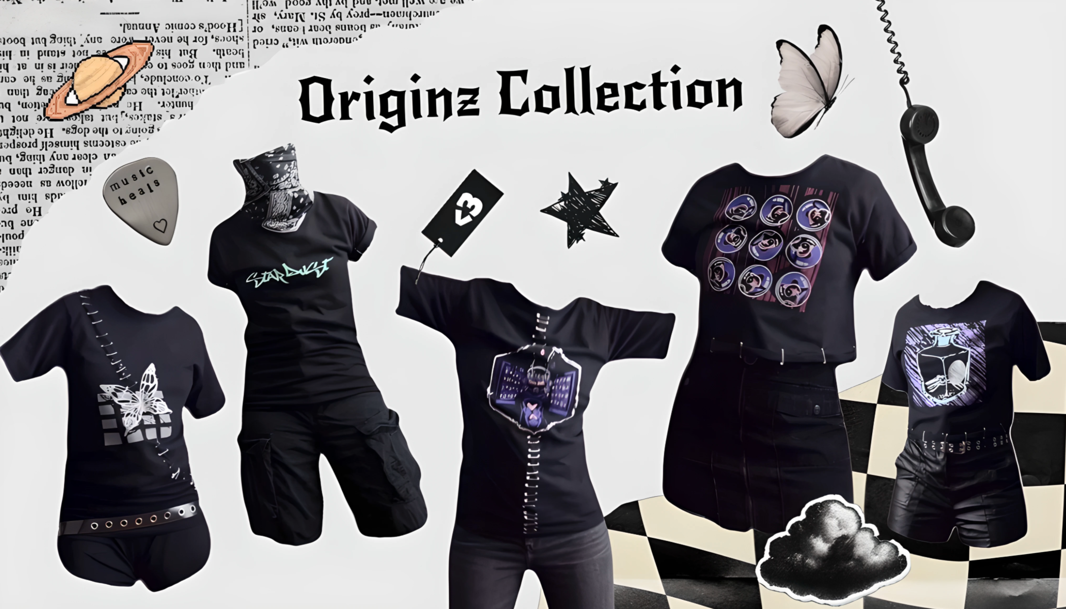 Collage of photos from the Originz streetwear collection, featuring alternative fashion outfits.