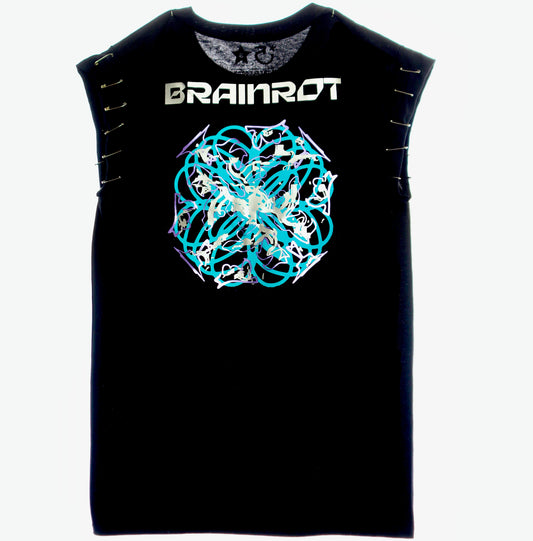 5yncluziv original alternative black punk muscle tee with dull brain artwork and Brainrot text on the back. 