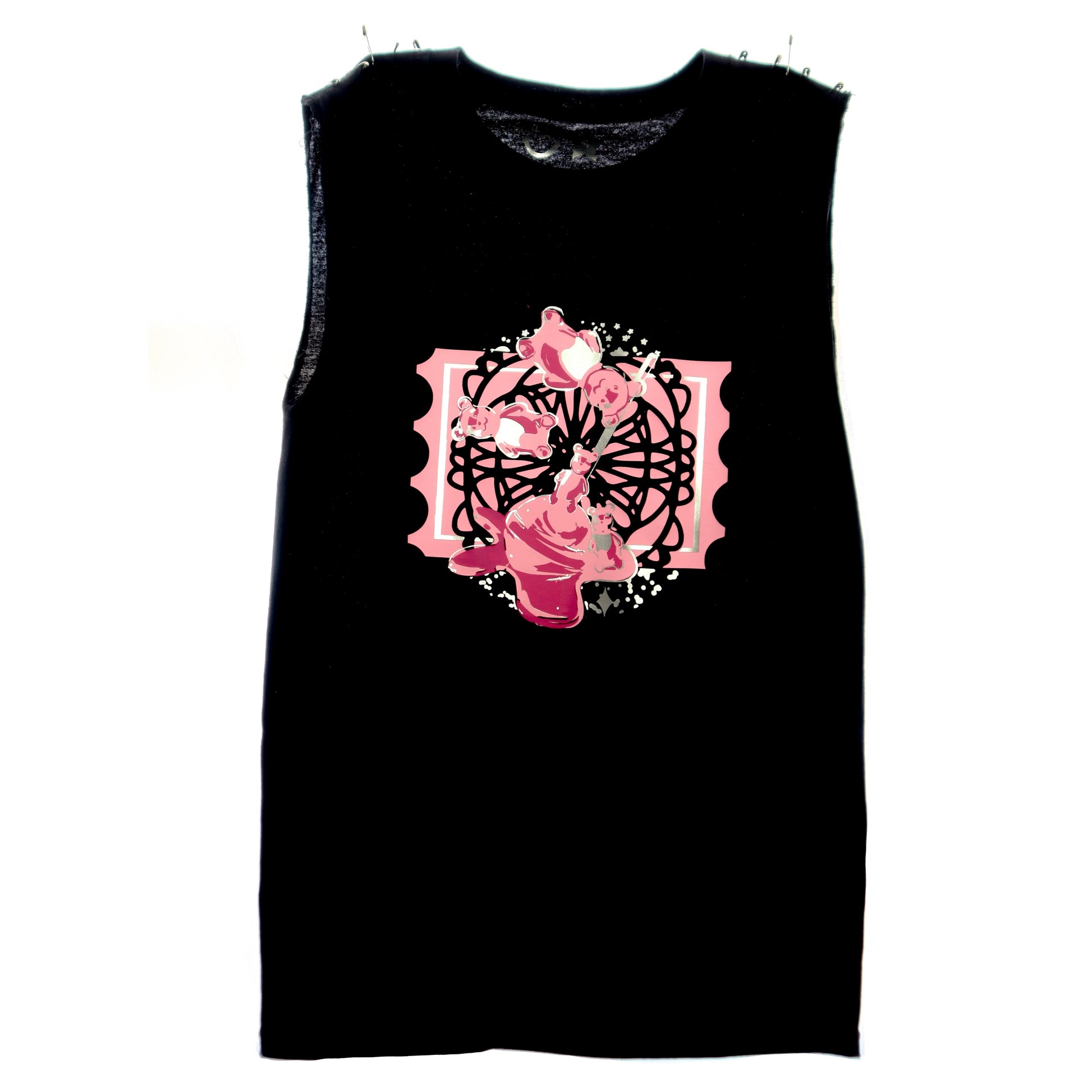 Black muscle tee with a bright candy-themed design showing gummy bears and a pink lollipop