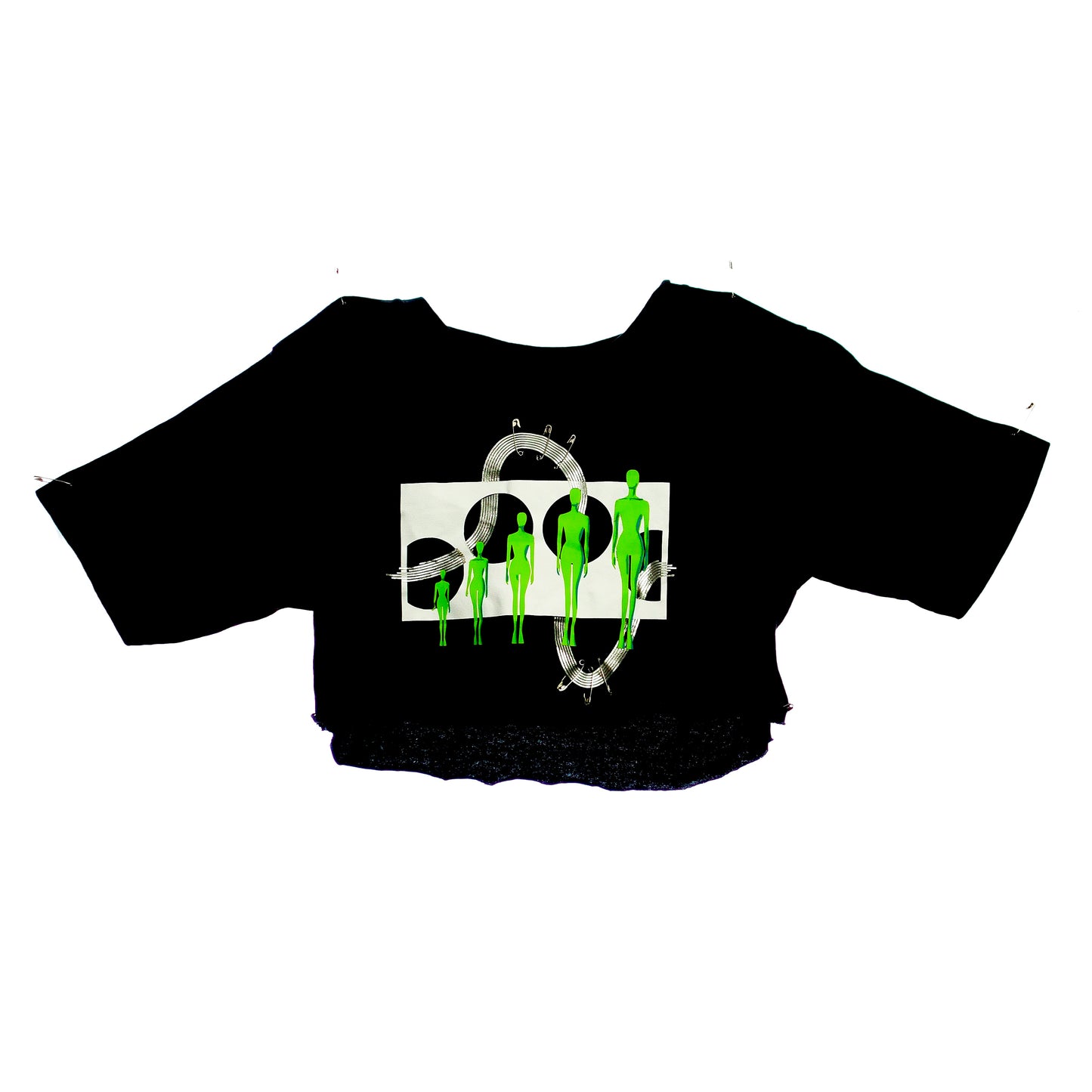 Edgy mini crop top with Evolve graphic and silver safety pins.