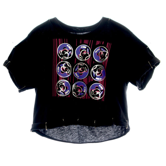 Loading multicolored graphic sublimated on a black crop top