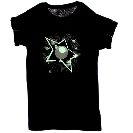 5yncluziv original  Alternative black tee with Stardust text, punk-inspired safety pins on sleeves, and cosmic supernova artwork on the back