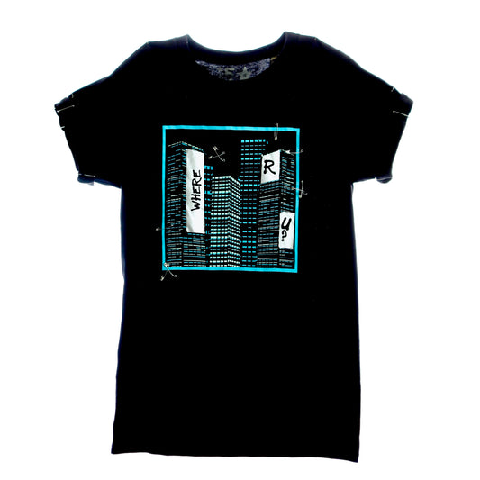Urban streetwear T-shirt with aqua-colored city skyline print on black fabric